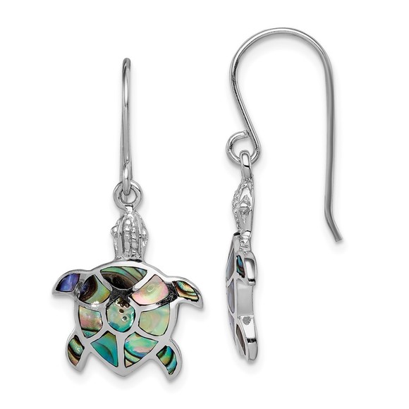 925 Sterling Silver Rhodium-plated Polished Abalone Turtle Dangle Earrings - Picture 1 of 4